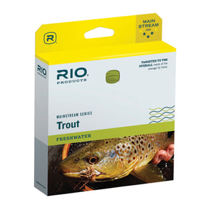 Packaging for the Rio Mainstream Full Sinking Fly Line with a picture of a trout and the product details, on a white background.