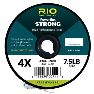A spool of 4X RIO Powerflex Strong monofilament fly fishing tippet on a white background.