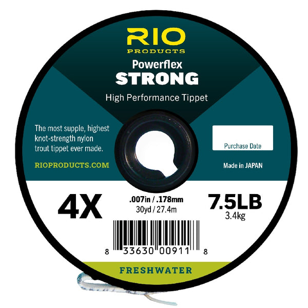 A spool of 4X RIO Powerflex Strong monofilament fly fishing tippet on a white background.