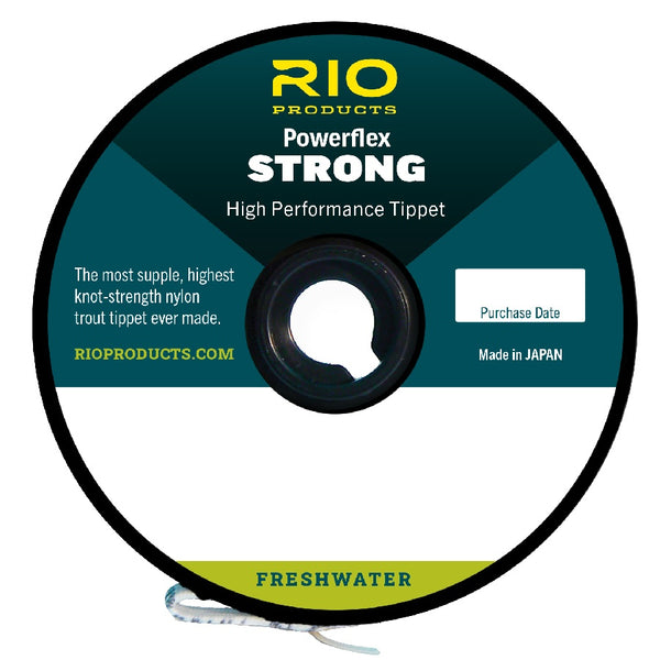 A spool of RIO Powerflex Strong monofilament fly fishing tippet on a white background.