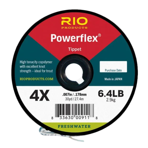 A spool of Rio Powerflex Tippet fishing line, with product information and branding visible, on a white background.