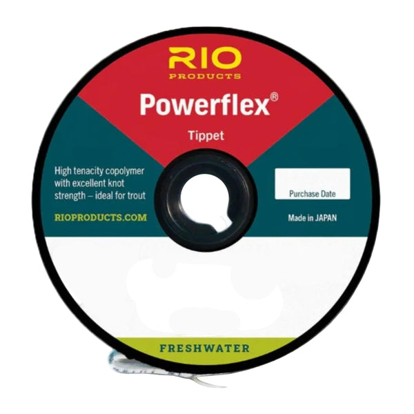 A spool of Rio Powerflex Tippet fishing line, with product information and branding visible, on a white background.