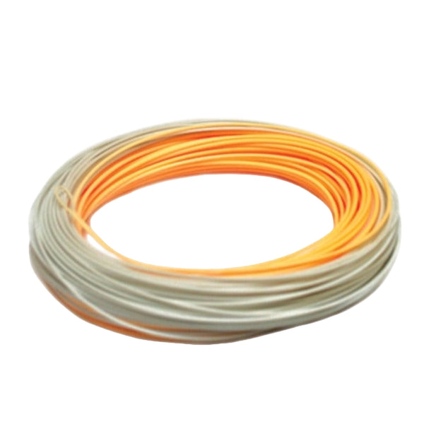 Rio Premier Gold Fly Line in melon and grey dun, on a white background.