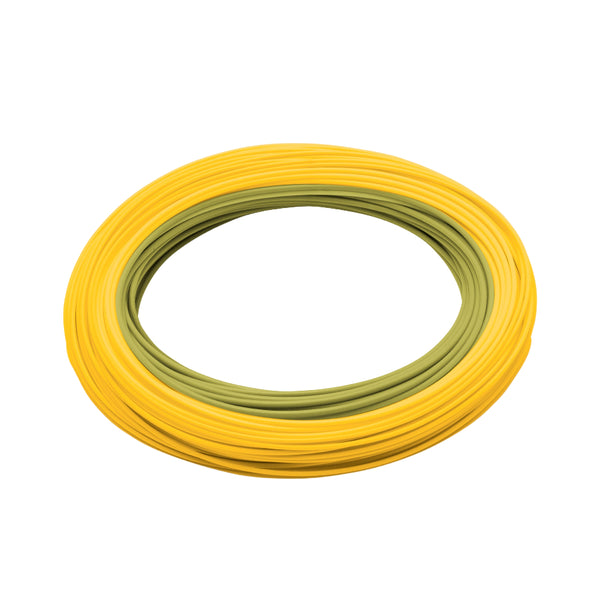 Rio Premier Gold Fly Line in moss and golden yellow on a white background.