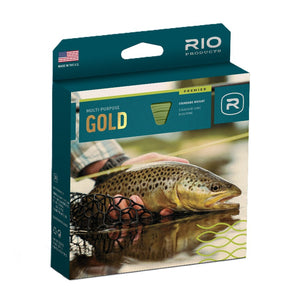 Rio Premier Gold Fly Line packaging featuring a brown trout on a river, over a white background