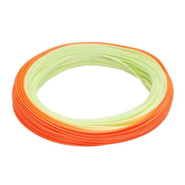 Rio Premier Gold Max Fly Line in mint green and blaze orange coiled on a white background.