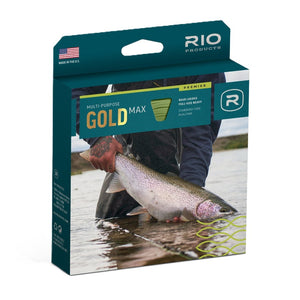Rio Premier Gold Max Fly Line packaging featuring a person holding a fish in the river over a white background