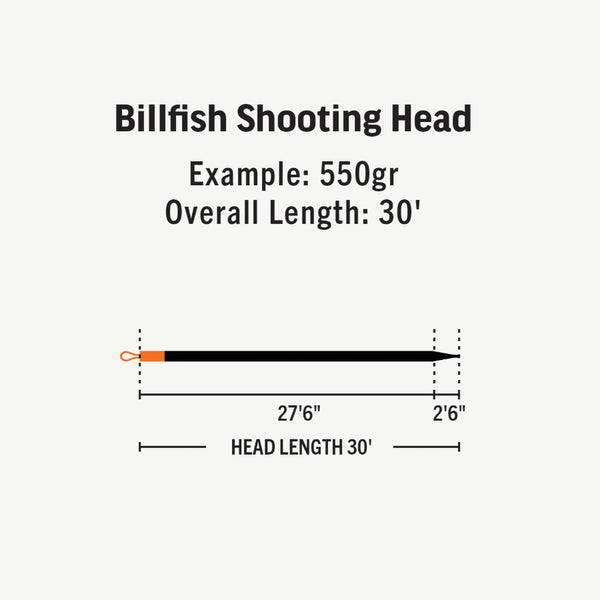 Black and white taper diagram of the Rio Premier Leviathan Billfish Shooting Head with measurements.