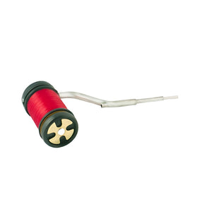 one rite bobbin cermag fly tying bobbin loaded with a spool of red thread on white background