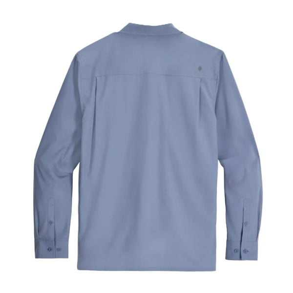 Back view of the flint blue color, mosquito protective Royal Robbins Men's Expedition III Long-Sleeved UPF Button Front Shirt on a white background.