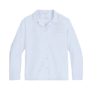 Front view of the misty blue color, mosquito protective Royal Robbins Women's Expedition III Long-Sleeved UPF Button Front Shirt on a white background.