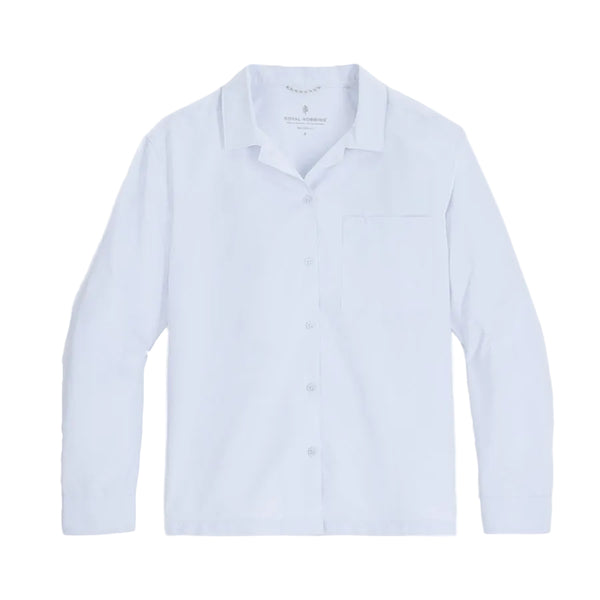 Front view of the misty blue color, mosquito protective Royal Robbins Women's Expedition III Long-Sleeved UPF Button Front Shirt on a white background.