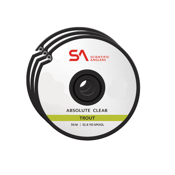 Group of three assorted Scientific Anglers Absolute Trout Freshwater Tippet for fly fishing on a white background.