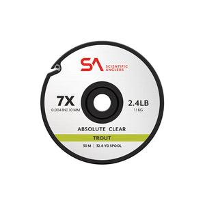 A spool of Scientific Anglers Absolute Trout Freshwater Tippet material featuring product details on label, on a white background.