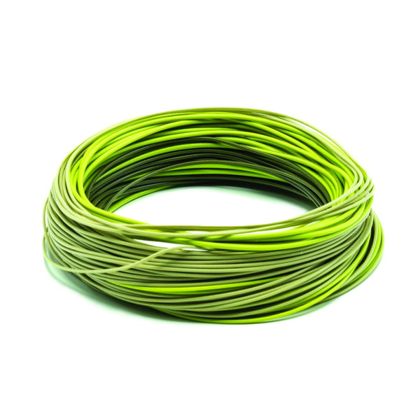 Coiled green SA Amplitude Smooth Titan Taper Long Fly Fishing line on a white background.