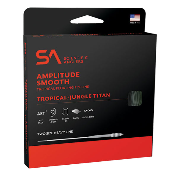 Scientific Anglers Amplitude Smooth Tropical/Jungle Titan Fly Line packaging on a white background.