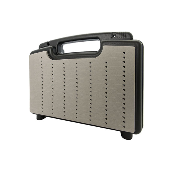 Black SA Boat Box for holding fishing flies with exterior foam storage on a white background.