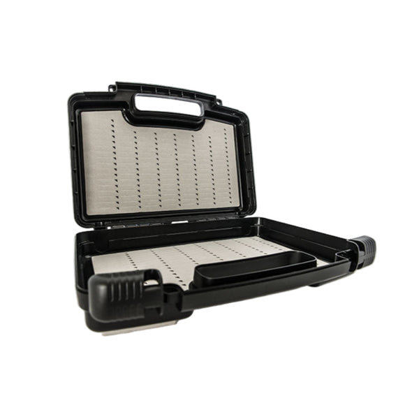 Black SA Boat Box for holding fishing flies open to show interior foam on a white background.