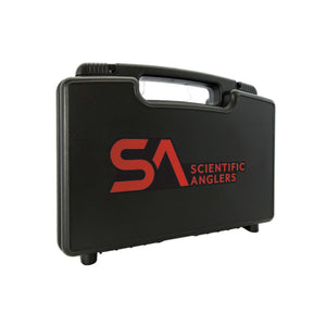 Black SA Boat Box for holding fishing flies with Scientific Anglers logo on a white background.