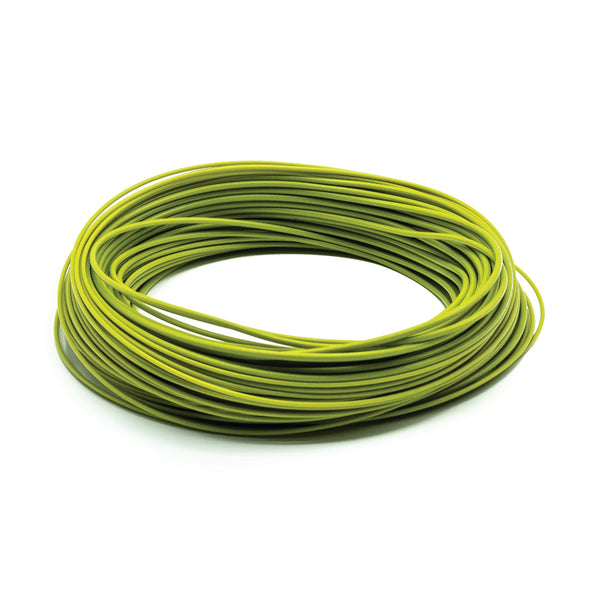 Coil of Scientific Anglers Frequency MPX freshwater floating fly line in moss green on a white background.