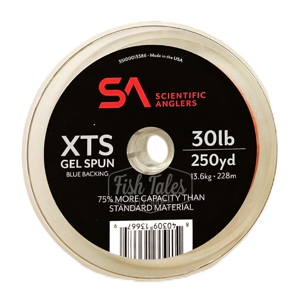 Scientific Anglers XTS gel spun backing spool of 30lb blue on a white background.