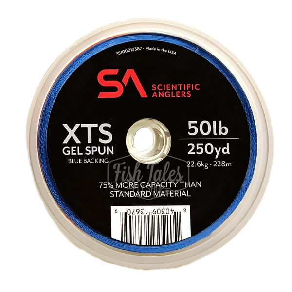 Scientific Anglers XTS gel spun backing spool of 50lb blue on a white background.