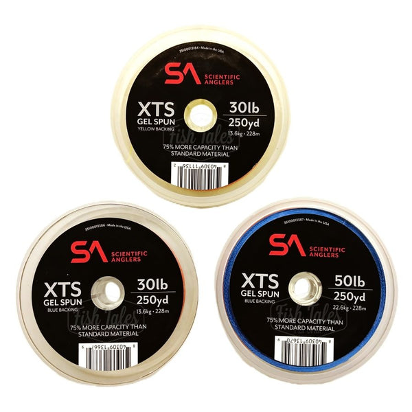 Three spools of Scientific Anglers XTS gel spun backing on a white background.