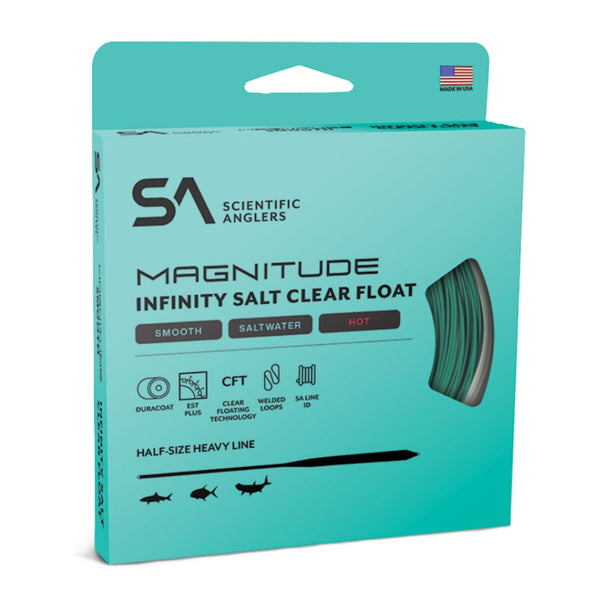 Scientific Anglers Magnitude Infinity Salt Clear Floating Fly Line packaging box in a bright teal color, featuring product specifications and a graphic of the clear float on the front, against a white background