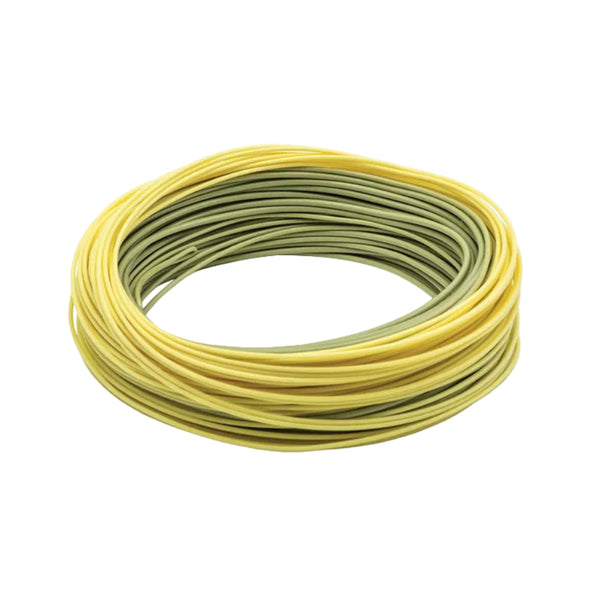 Coiled yellow and green SA Mastery Trout GP Fly Fishing Line on a white background.