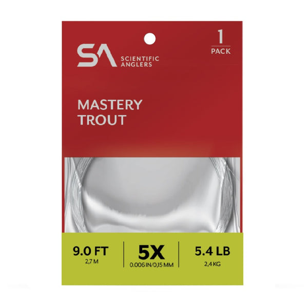 Scientific Anglers Mastery Trout fly fishing leader in packaging, on a white background.