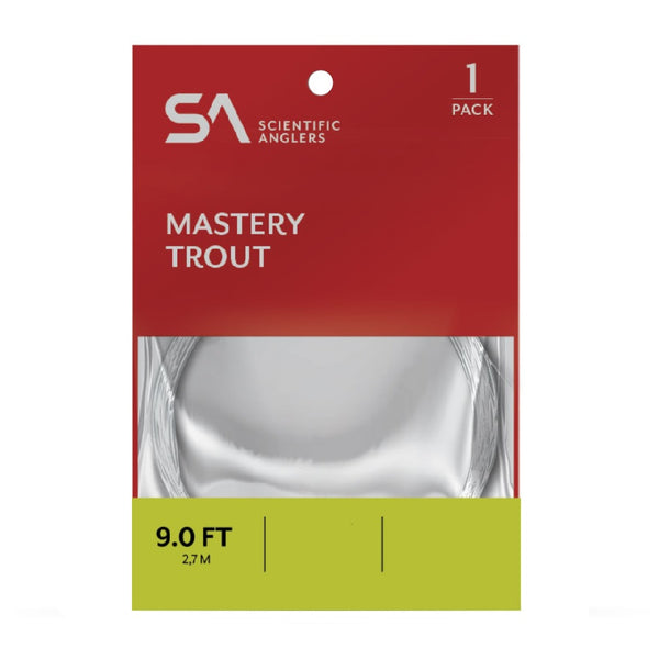 Scientific Anglers Mastery Trout fly fishing leader in packaging, on a white background.