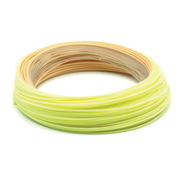 Coil of the Scientific Anglers Sonar Grand Slam Clear Sink Tip Fly Line in pale yellow, sand and clear on a white background.
