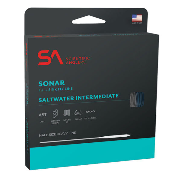 Scientific Anglers Sonar Saltwater Clear full sink fly line packaging on a white background.