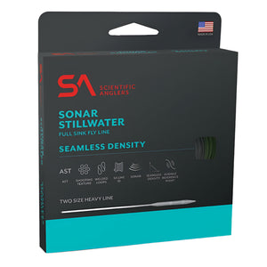 Packaging of SA Sonar Stillwater Seamless Density Fly Line with product details and branding visible.