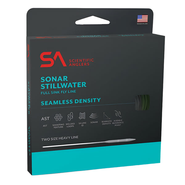Packaging of SA Sonar Stillwater Seamless Density Fly Line with product details and branding visible.