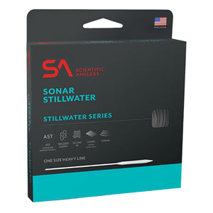 Packaging of SA Sonar Stillwater Clear Camo Fly Line with the product visible through a cut-out window, featuring camo design and branding.