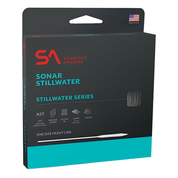Packaging of SA Sonar Stillwater Clear Camo Fly Line with the product visible through a cut-out window, featuring camo design and branding.