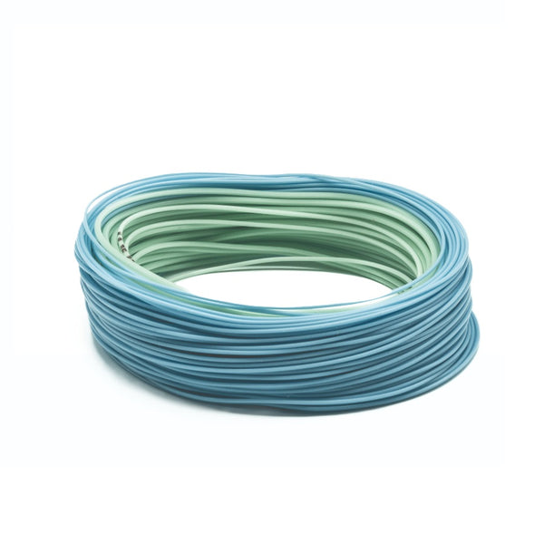 Scientific Anglers Sonar Titan Intermediate fly line in green and blue on a white background.