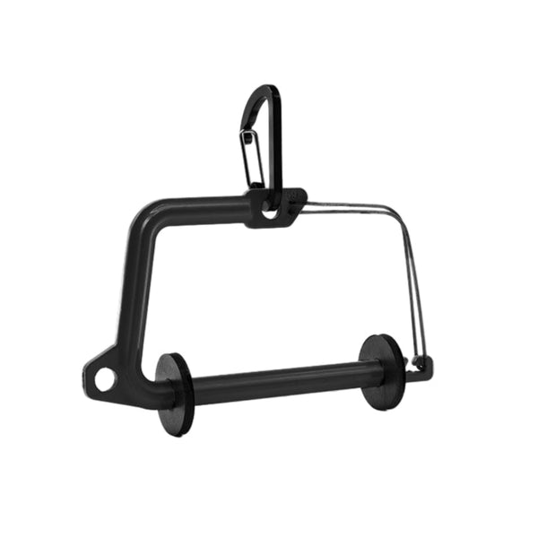 Black metal SA Switch Tippet Holder for fishing line, including a carabiner clip that can attach at the tip or the side, on a white background.
