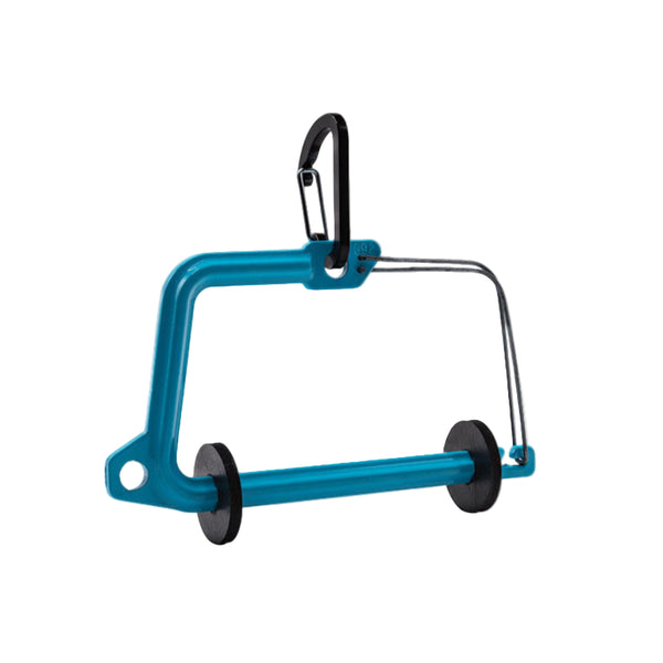 Blue metal SA Switch Tippet Holder for fishing line, including a carabiner clip that can attach at the tip or the side, on a white background.