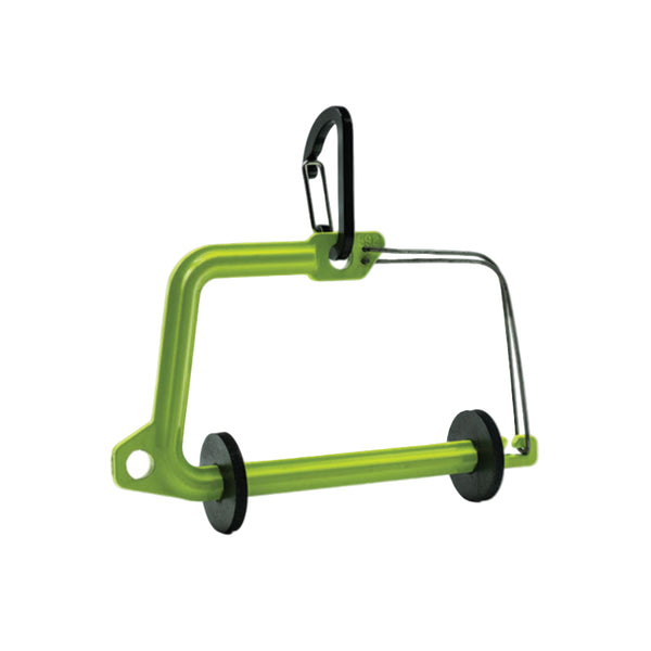 Chartreuse metal SA Switch Tippet Holder for fishing line, including a carabiner clip that can attach at the tip or the side, on a white background.