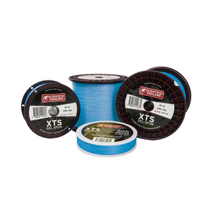 Blue Scientific Anglers XTS gel spun backing for fly fishing on various sizes of spools on a white background