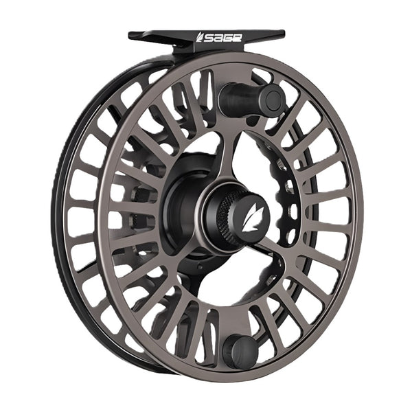 a single sage arbor xl fly fishing reel in the slate color showing the inside reel handle on a white background