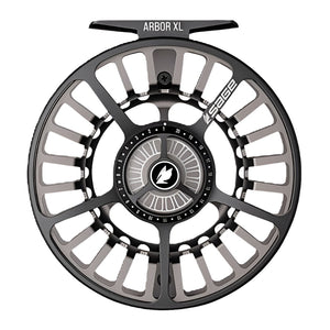 a single sage arbor xl fly fishing reel in the slate color showing the outside drag knob on a white background