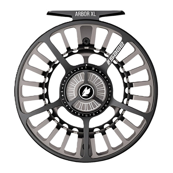 a single sage arbor xl fly fishing reel in the slate color showing the outside drag knob on a white background