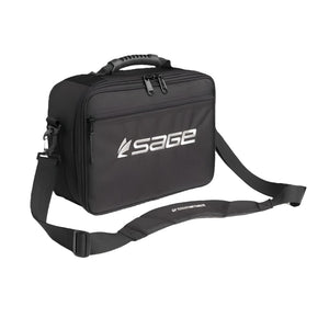 front view of a single sage ballistic reel brief fly fishing reel storage bag in black with embroidered sage logo on a white background