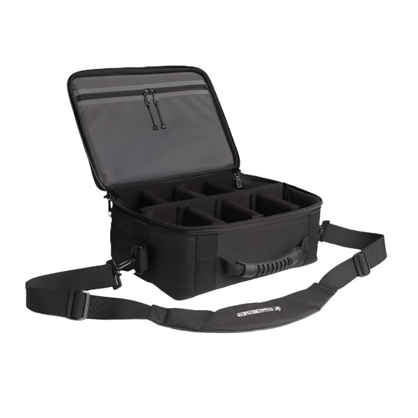 top view of a single sage ballistic reel brief fly fishing reel storage bag in black open and showing the 8 adjustable inside compartments on a white background