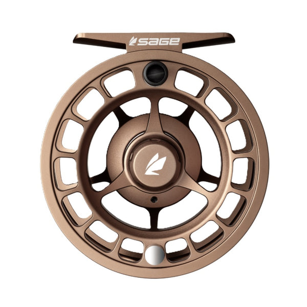 Bronze color Sage Shift Fly Fishing Reel on a white background.