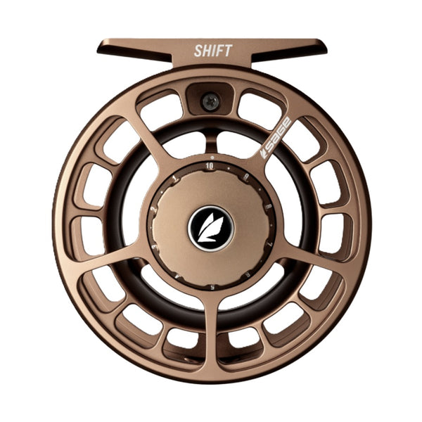 Bronze color Sage Shift Fly Fishing Reel on a white background.