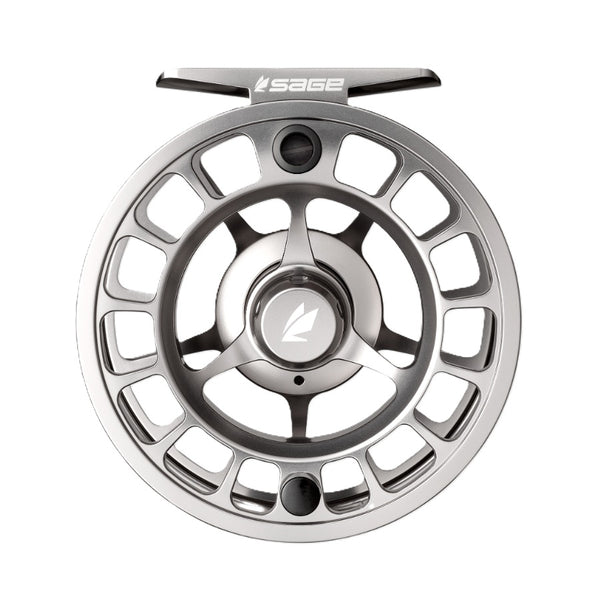 Platinum color Sage Shift Fly Fishing Reel on a white background.